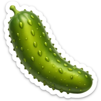 single small curved pickle, bumpy texture, vibrant green with yellowish undertones, shiny from brine, 3D, minimal, soft shadows, no jar, no fork, no other food, no anthropomorphic features, emoji scale sticker