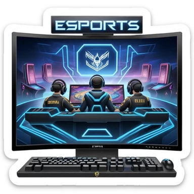 An icon featuring a gaming monitor displaying an intense esports competition, with players' hands on controllers and keyboards. A digital scoreboard and glowing energy lines surround the scene, symbolizing the excitement of competitive gaming. Transparent background highlights the world of esports. sticker