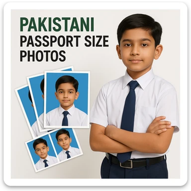 realistic thumbnail for a Pakistani passport size photo print out service, showing a Pakistani schoolboy in uniform standing next to a fan-shaped collage of his passport size photos with blue backgrounds, on a clean white background sticker