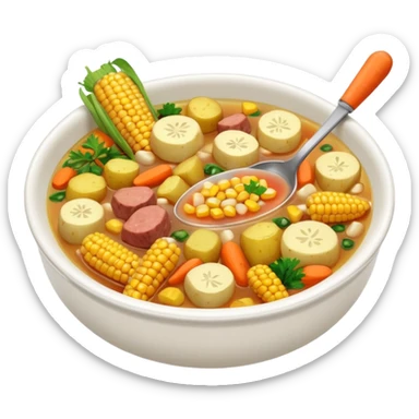 bowl of caldo de res, visible beef chunks, corn, carrots, potatoes, clear broth sticker