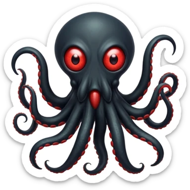 aggressive 8-tentacled black cyclops alien, black body, one big evil red eye in the middle, lunging forward with tentacles, no arms or legs, emoji style sticker