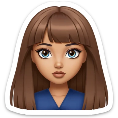 , tan skin, bangs long straight brown hair, dark blue eyes, black eyeliner, pretty bratz baddie sticker