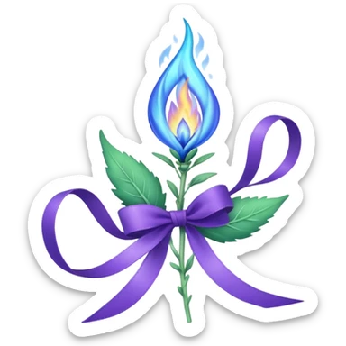Blue flame enveloping a green sage sprout surrounded by a purple ribbon sticker