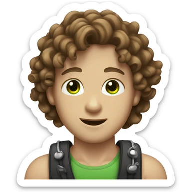 White boy with brown curly wavey hair with green eyes and a necklace and braces sticker