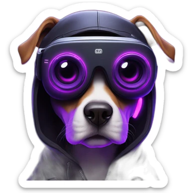 funny dog wearing a black hoodie with "OMG" letters on it and VR headset in a cyberpunk VR environment with violet neon lighting. sticker