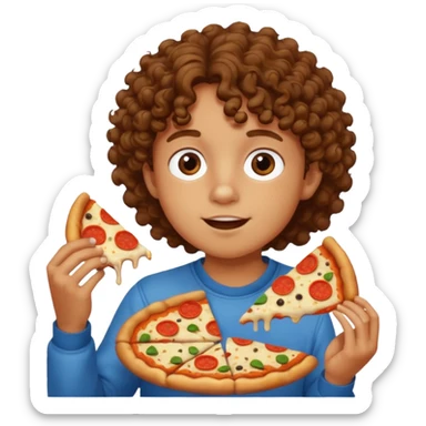Kid with curly hair eating pizza sticker