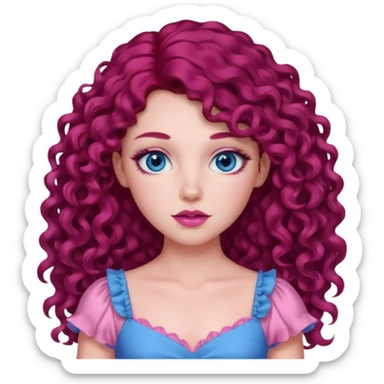 Chappell Roan long dark red curly hair, blue eyes, pink eyeshadow and lip, pink dress sticker