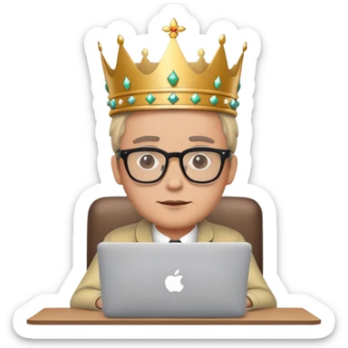 Man in glasses with crown on his head sat at the desk with MacBook  sticker