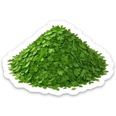 loose scatter of finely crumbled green herb flakes with jagged, flat shapes and a dry, matte texture, color ranges from bright to muted green, evoking dried curly or flat-leaf parsley, soft lighting, subtle shadows, emoji scale sticker