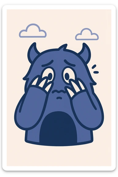 2D bashful monster emoji hiding its face with claws, peeking out with nervous scared eyes, small trembling mouth sticker
