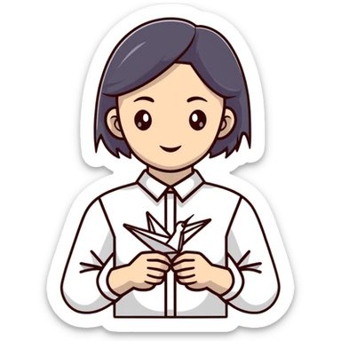 Ukrainian young girl in a white embroidered shirt holds an origami crane sticker