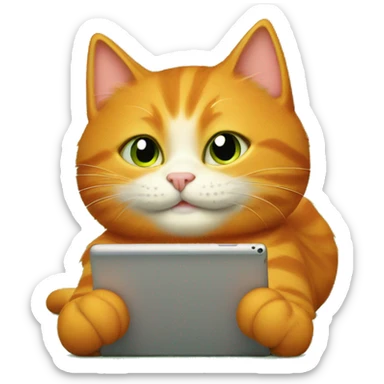 A happy orange cat lies on its back on a green sofa, holding a tablet. sticker