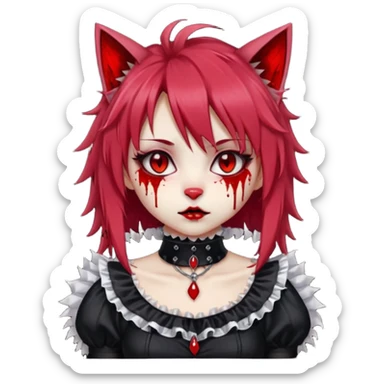 Shiny furry beautiful cute cool gorgeous attractive cute gothic anime cat-girl-lady with bloody hair, bloody lips, bloody face, blood-choker, spiked collar, frills, black dress, red rubies, messy tousled hair  sticker