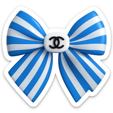 Change the striped bow to blue and white stripes, keep the small white Chanel logo visible, make the bow luxurious and glossy in a 3D emoji style. Remove the background. sticker