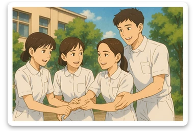 Three female nursing students of the same height and one taller male nursing student, all in white short-sleeve uniforms without stethoscopes, helping each other, faces inspired by photos, Ghibli style, positive atmosphere sticker