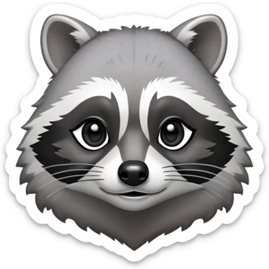 Cinematic-Noble-Raccoon-Portrait-Emoji – Poised and confident, with a sturdy build and a beautifully textured fur of silver-grey accented by dark black facial markings, deep-set, large big black eyes revealing no white, simplified yet sharp and sophisticated zoom out to show shoulders sticker