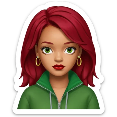 Rihanna dark red hair, green outfit sticker