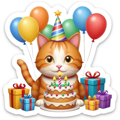 Ginger cat celebrates birthday, birthday hat, birthday cake, balloons, happy, gifts sticker