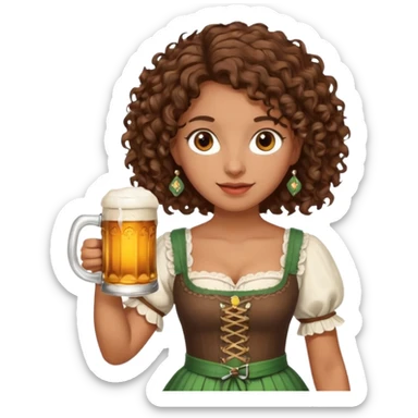 A woman with brown, shoulder-length curly hair and brown eyes she is wearing a dirndl and holding a beer stein sticker
