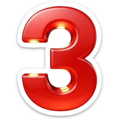 A 3D number 3 in a movie theater setting, shiny red surface; bright spotlights from above; cinematic glow with subtle haze; glossy, premium Hollywood countdown look; centered composition. sticker