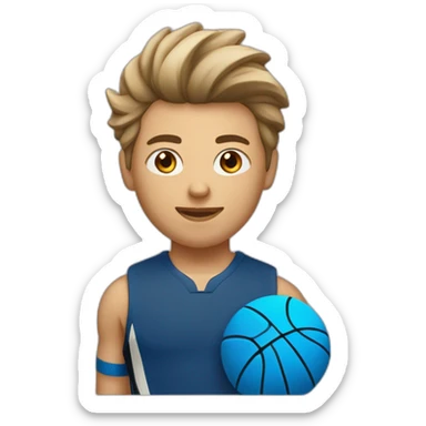 Un adolescent beige avec les cheveux brun qui joue au basket avec un maillot bleu avec écrit 14 dessus dans le style de IOS sticker
