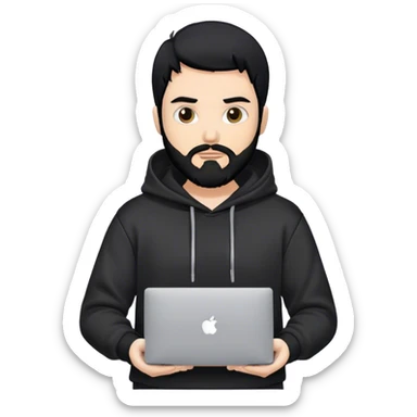 hackeur blanc cheveux noir barbe et capuche noir avec un macbook sticker