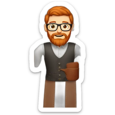 Red smooth haired man with beard and glasses sewing a leather holster sticker