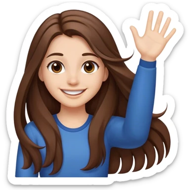 smiling girl with long hair, middle hair split, waving sticker