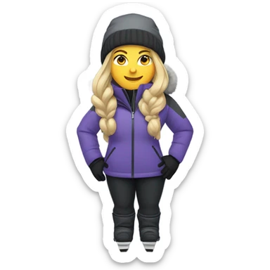 Chubby female long blonde hair skier with purpley-grey jacket and black pants showing whole body. sticker