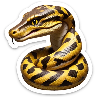 Cinematic Noble Anaconda Portrait Emoji, Poised and imposing, with a massive, sinuous build draped in intricately patterned scales and piercing, focused eyes, Simplified yet sharp and sophisticated features, highly detailed, glowing with a soft, earthy glow, high shine, intelligent and formidable, stylized with an air of primal elegance, focused and mysterious, soft glowing outline, capturing the essence of a watchful jungle guardian that feels as though it could coil out of the screen with effortless authority! sticker