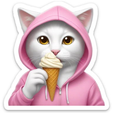 A white cat eating ice cream while wearing a pink hoodie sticker