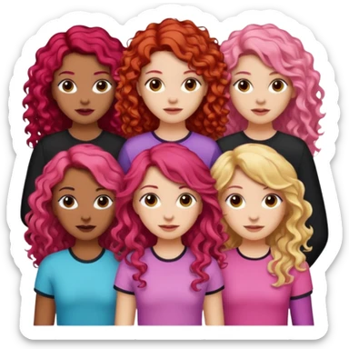 5 girlsone curly redhead, one with brunette dyed blonde hair, one long haired wavy brunette, one mid-length haired brunette, and one black haired girl with partially dyed bright red/pink hair sticker