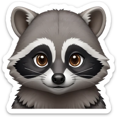 Cinematic-Noble-Raccoon-Portrait-Emoji – Poised and confident, with a sturdy build and a beautifully textured fur of silver-grey accented by dark black facial markings, deep-set, intelligent brown eyes, simplified yet sharp and sophisticated zoom out to show shoulders sticker