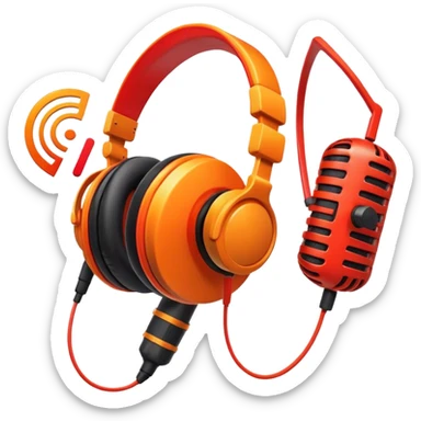 Create a dynamic and creative emoji that represents voiceover and dubbing. The design should feature a microphone, a pair of studio headphones, and sound waveforms to symbolize the recording and manipulation of voice. Add subtle details like a film reel or a speech bubble to represent the dubbing aspect. Use vibrant colors like orange, red, or purple to evoke energy and creativity in voiceover work. The background should be transparent. sticker