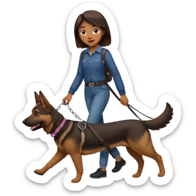 a girl with a brown dark hair, she's walking her dog is a german shepard sticker