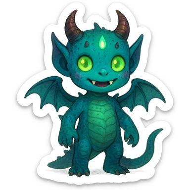 whimsical endearing kid with 60% dragon features (reptilian features, wings), 20% demon traits (horns, fangs), and 20% alien traits (strange skin color, glowing elements) sticker
