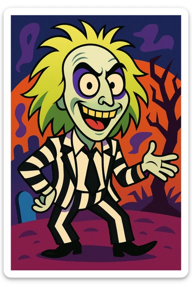 Beetlejuice character, exaggerated features, black and white stripes, spooky but playful, vibrant toon style sticker