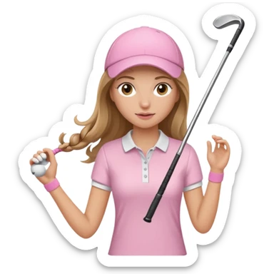 girl with long bronde hair wearing light pink and is swinging a golf club sticker