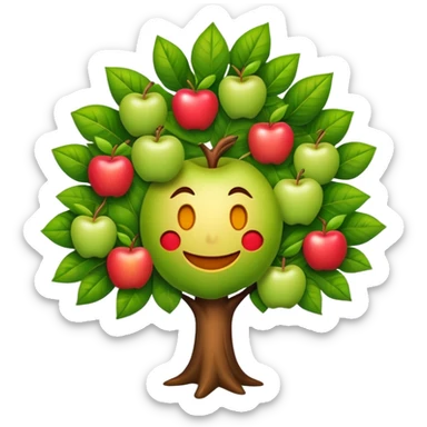 diseña a un árbol con cara sonriente y que las hojas tenga tres manzanas en cada lado o en cada parte de las hojas. sticker