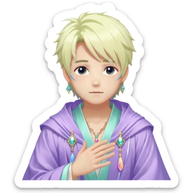 Beautiful gorgeous romantic blushing youthful handsome anime guy with beautiful iridescent-pastel-whitish-special-gently-tousled-medium-hair, fashion aesthetic, ethereal, fairycore, pastelcore, layered robes, accessories, jewelries, colorful, shiny, trending style, outside sticker