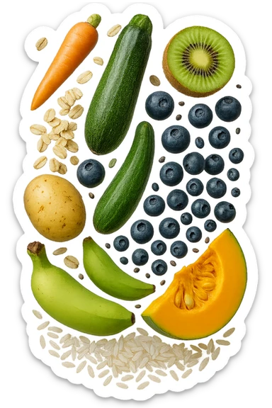 carota, fiocchi di avena, zucchine, kiwi, mirtilli, semi di chia, patate, banane acerbe, zucca, riso fluttuano in aria verticalmente, iperrealistici 4k sticker