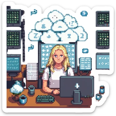 pixel art avatar of young blonde Dutch software engineer, age 28, surrounded by code and cloud symbols sticker