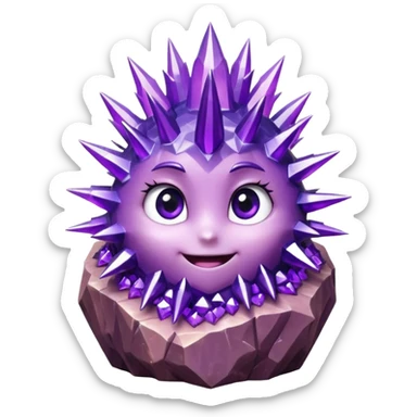 One spiky amethyst crystal rock character, short thick base covered in tall purple crystal spikes like a quartz cluster, faceted and sharp, adorable round face carved into the front of the base with big glossy eyes and a smile, 3D render, high detail, isolated on dark background.” sticker