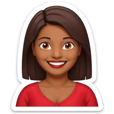 50 yr old chubby Sri Lankan woman, dark skin, straight brown hair, big smile, white teeth, red dress clothes, shoulder length hair sticker