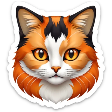 cinematic-noble-calico-cat-portrait-emoji,-poised-and-regal,-with-a-striking-patchwork-fur-in-vibrant-orange,-black,-and-white-hues premoninantly black,-delicate-whiskers-and-a-refined,-relaxed-gaze,-simplified-yet-exquisitely-detailed,-glowing sticker