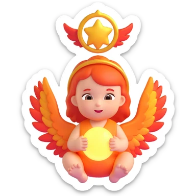 baby fire angel, cute face, glowing halo, fiery wings, 3D emoji style sticker