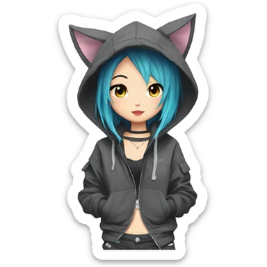 Edgy cool shy colorful Asian urban beautiful pretty anime punk tomboy with cat ears techwear cargo pants hoodie collar  sticker