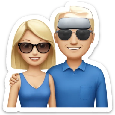 White woman with blonde hair wearing sunglasses and a blue dress, standing next to a tall bald white man sticker