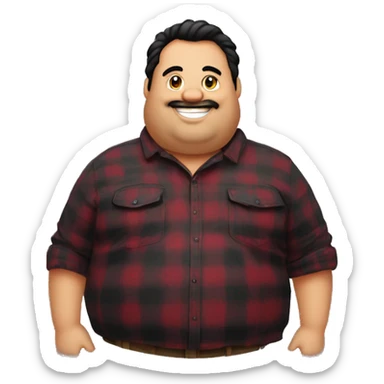 Fat man wearing a darkred and black plaid flannel shirt profile picture, happy, black hair sticker