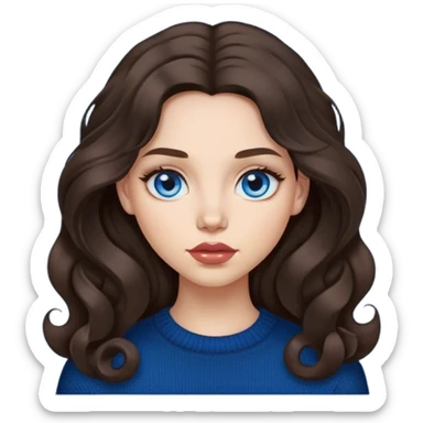 girl with long, lush, lightly curled dark brown hair, big lips and blue eyes, black sweater sticker